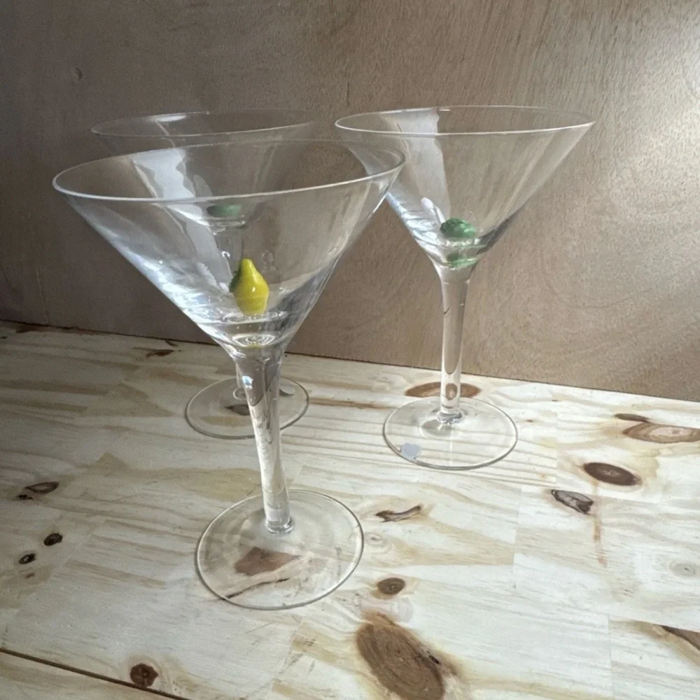Hand Blown Martini Glasses Fruit Art Lemon 🍋 & Green Apple 🍏🍏 Set of 3